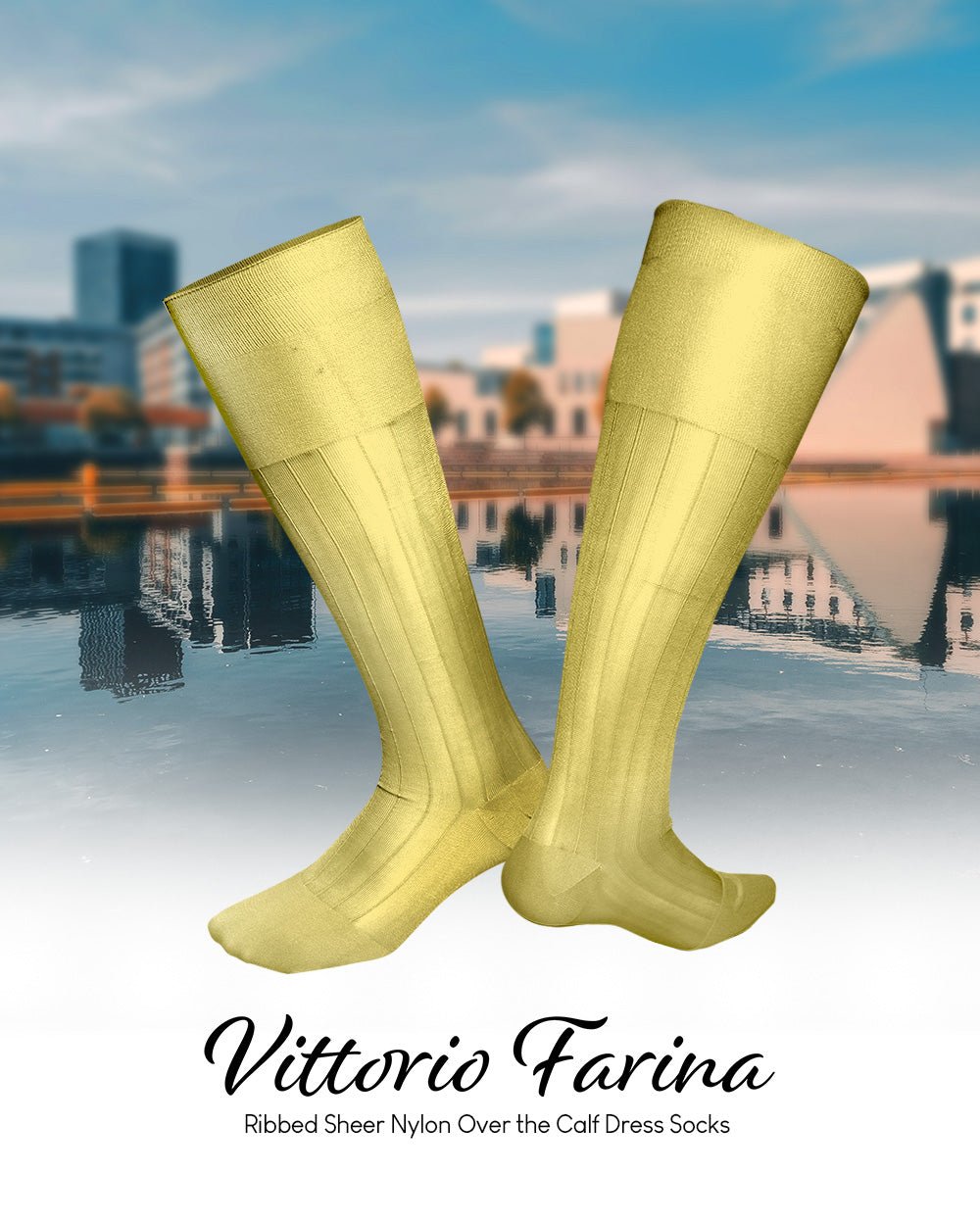 Vittorio Farina Men's Ribbed Shear Nylon Over The Calf Dress Socks - Suits You Sir - Maize - 12