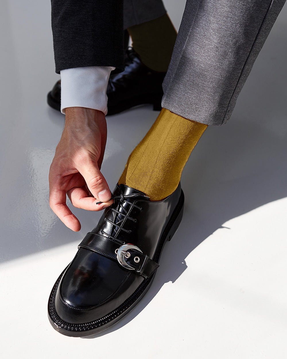 Vittorio Farina Men's Ribbed Shear Nylon Over The Calf Dress Socks - Suits You Sir - Mustard Yellow - 12