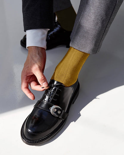 Vittorio Farina Men's Ribbed Shear Nylon Over The Calf Dress Socks - Suits You Sir - Mustard Yellow - 12