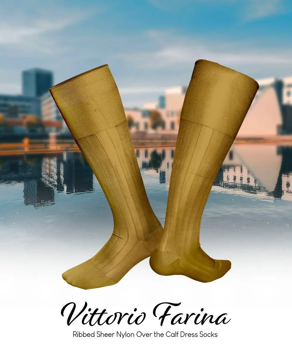 Vittorio Farina Men's Ribbed Shear Nylon Over The Calf Dress Socks - Suits You Sir - Mustard Yellow - 3
