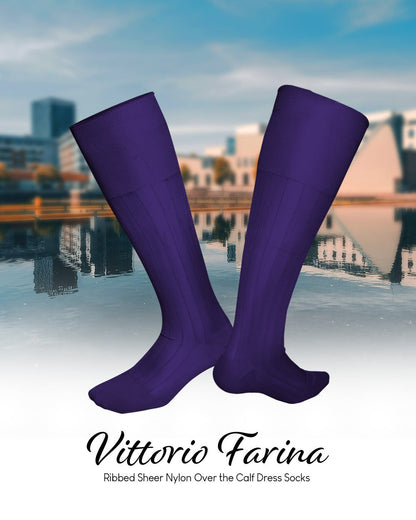 Vittorio Farina Men's Ribbed Shear Nylon Over The Calf Dress Socks - Suits You Sir - Purple - 12