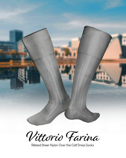 Vittorio Farina Men's Ribbed Shear Nylon Over The Calf Dress Socks - Suits You Sir - Silver - 12