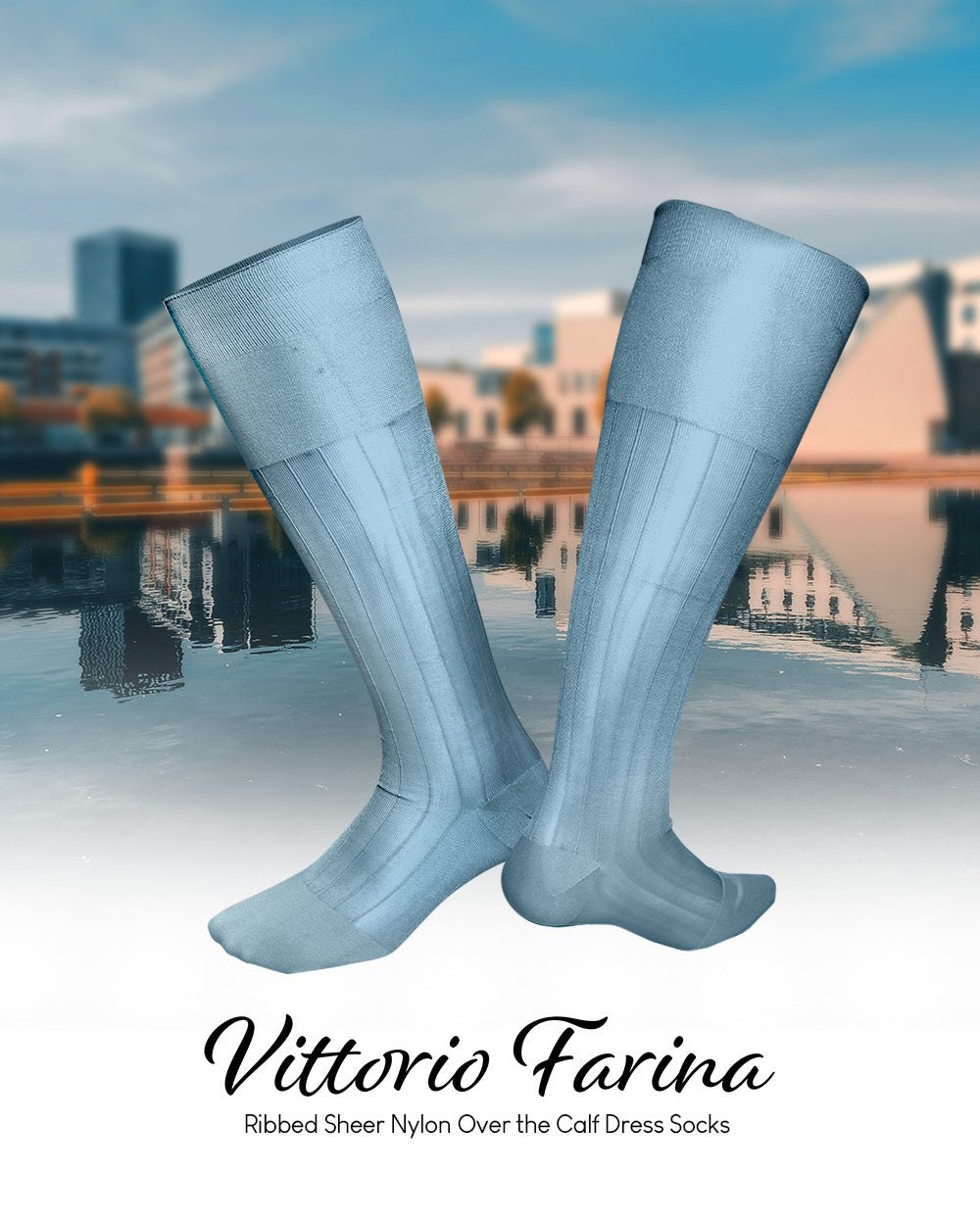 Vittorio Farina Men's Ribbed Shear Nylon Over The Calf Dress Socks - Suits You Sir - Sky Blue - 12