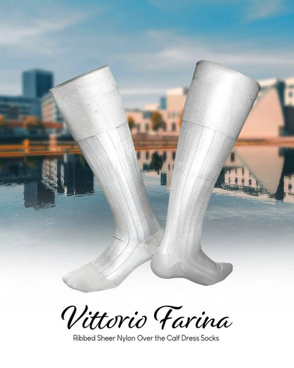 Vittorio Farina Men's Ribbed Shear Nylon Over The Calf Dress Socks - Suits You Sir - White - 3