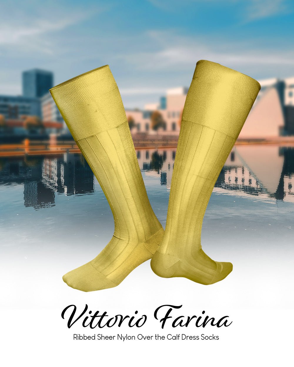 Vittorio Farina Men's Ribbed Shear Nylon Over The Calf Dress Socks - Suits You Sir - Yellow - 12