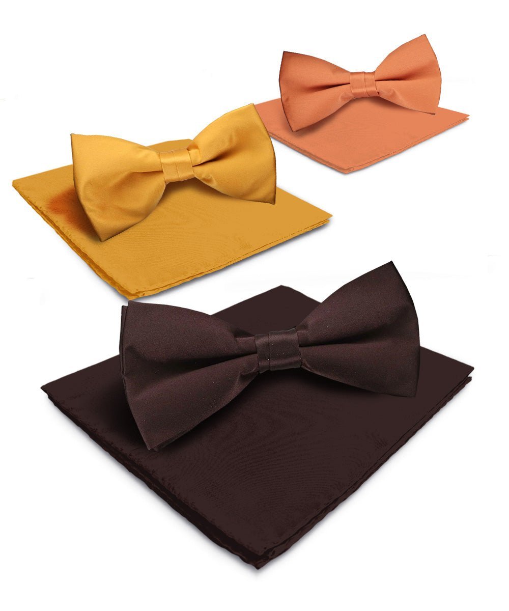 Vittorio Farina Men's Satin Bow Tie & Pocket Square in Gift Box (Multipack) - Suits You Sir - Brown/Mustard/Burnt Orange - 