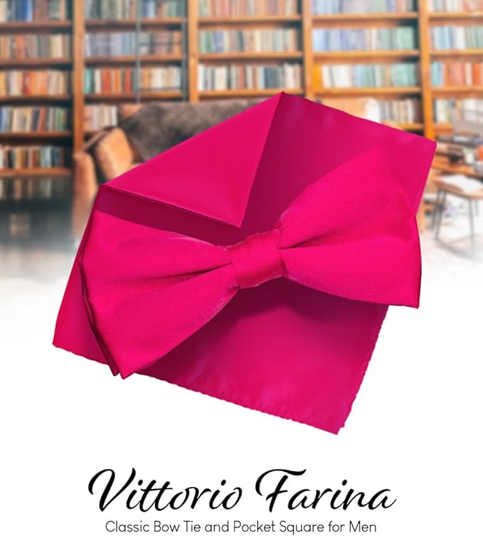 Vittorio Farina Men's Satin Bow Tie & Pocket Square in Gift Box - Suits You Sir - Hot Pink - 
