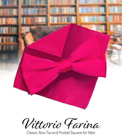 Vittorio Farina Men's Satin Bow Tie & Pocket Square in Gift Box - Suits You Sir - Hot Pink - 
