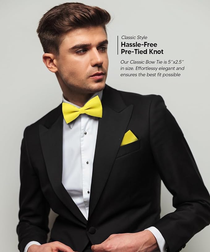 Vittorio Farina Men's Satin Bow Tie & Pocket Square in Gift Box - Suits You Sir - Lemon - 
