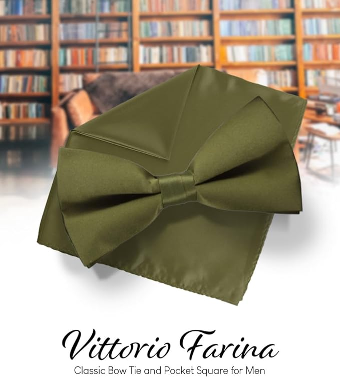 Vittorio Farina Men's Satin Bow Tie & Pocket Square in Gift Box - Suits You Sir - Olive Green - 