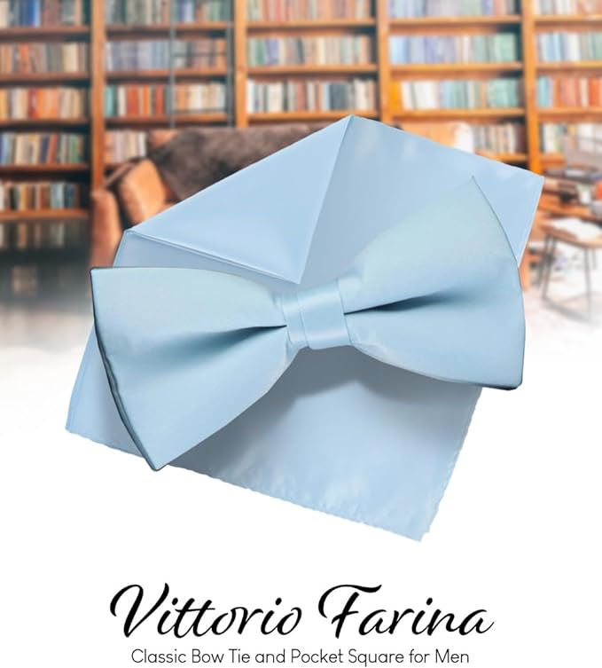Vittorio Farina Men's Satin Bow Tie & Pocket Square in Gift Box - Suits You Sir - Sky Blue - 