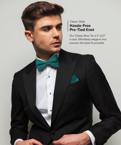 Vittorio Farina Men's Satin Bow Tie & Pocket Square in Gift Box - Suits You Sir - Teal Blue - 