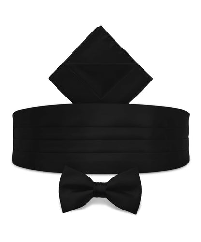 Vittorio Farina Men's Satin Cummerbund, Bow Tie and Pocket Square Set in Gift Box - Suits You Sir - Black - 