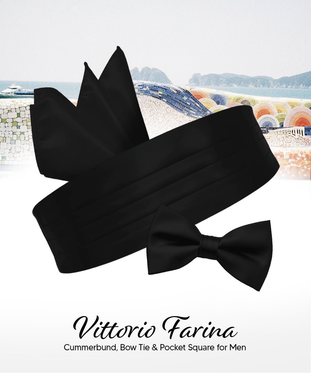 Vittorio Farina Men's Satin Cummerbund, Bow Tie and Pocket Square Set in Gift Box - Suits You Sir - Black - 