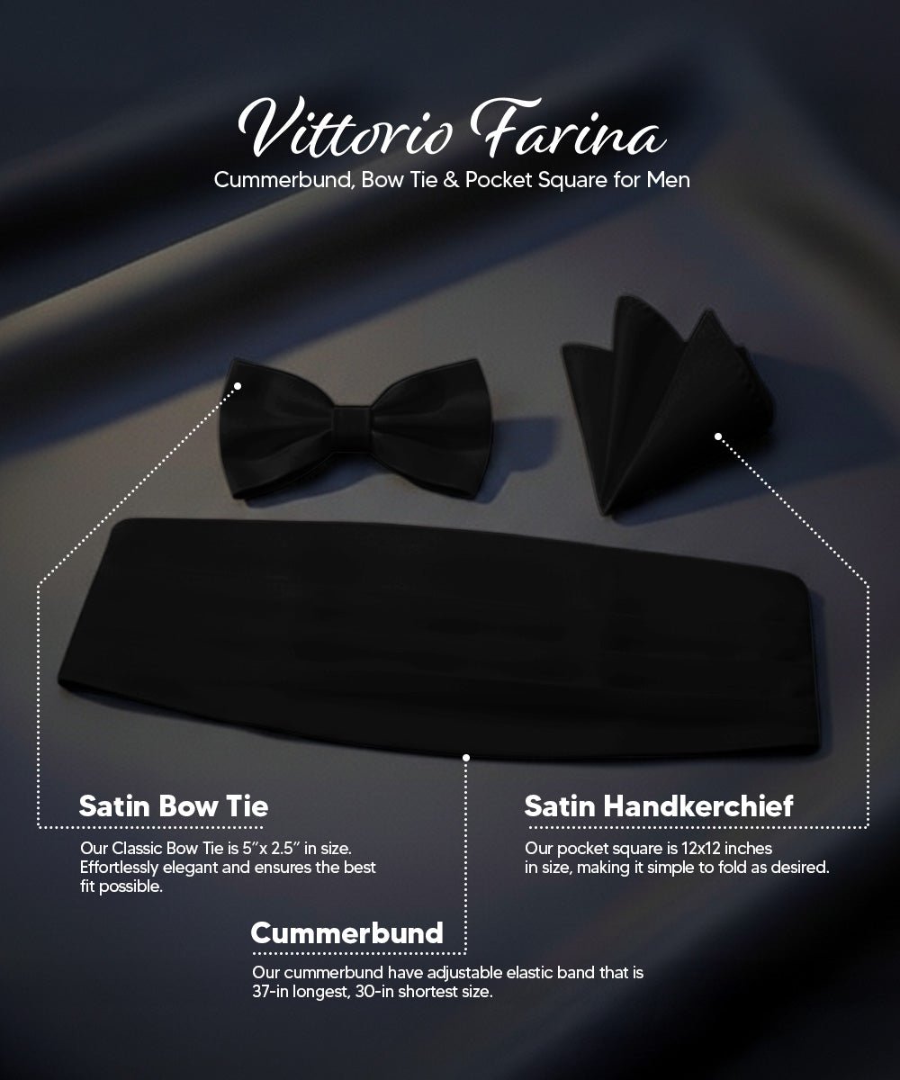Vittorio Farina Men's Satin Cummerbund, Bow Tie and Pocket Square Set in Gift Box - Suits You Sir - Black - 