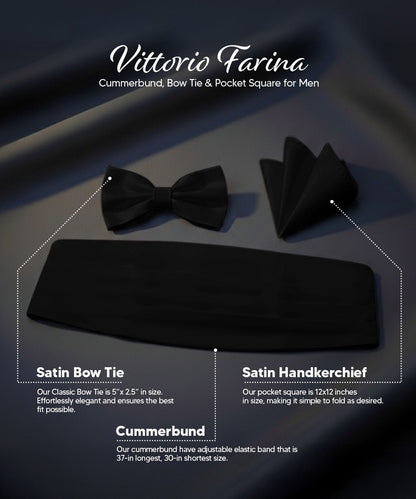 Vittorio Farina Men's Satin Cummerbund, Bow Tie and Pocket Square Set in Gift Box - Suits You Sir - Black - 