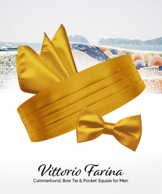 Vittorio Farina Men's Satin Cummerbund, Bow Tie and Pocket Square Set in Gift Box - Suits You Sir - Gold - 