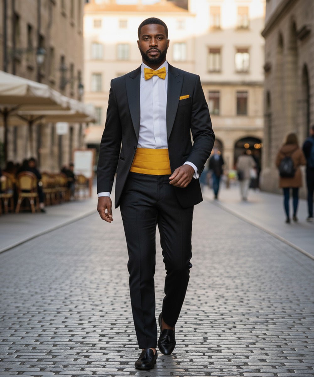 Vittorio Farina Men's Satin Cummerbund, Bow Tie and Pocket Square Set in Gift Box - Suits You Sir - Gold - 