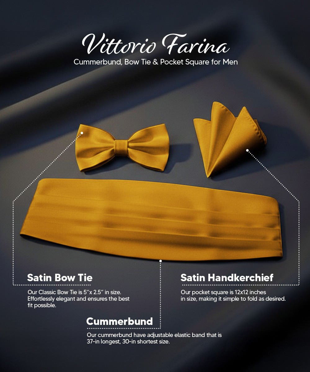 Vittorio Farina Men's Satin Cummerbund, Bow Tie and Pocket Square Set in Gift Box - Suits You Sir - Gold - 
