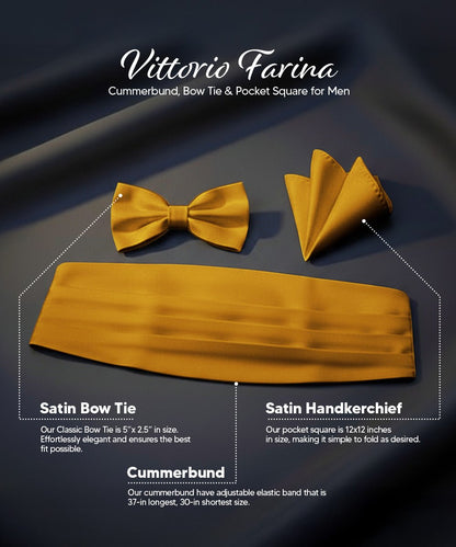 Vittorio Farina Men's Satin Cummerbund, Bow Tie and Pocket Square Set in Gift Box - Suits You Sir - Gold - 