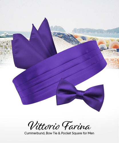 Vittorio Farina Men's Satin Cummerbund, Bow Tie and Pocket Square Set in Gift Box - Suits You Sir - Purple - 