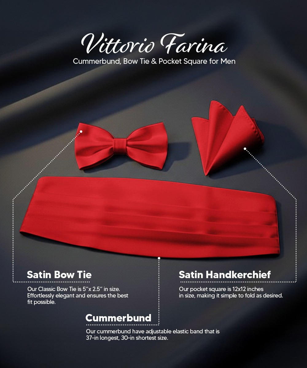 Vittorio Farina Men's Satin Cummerbund, Bow Tie and Pocket Square Set in Gift Box - Suits You Sir - Red - 