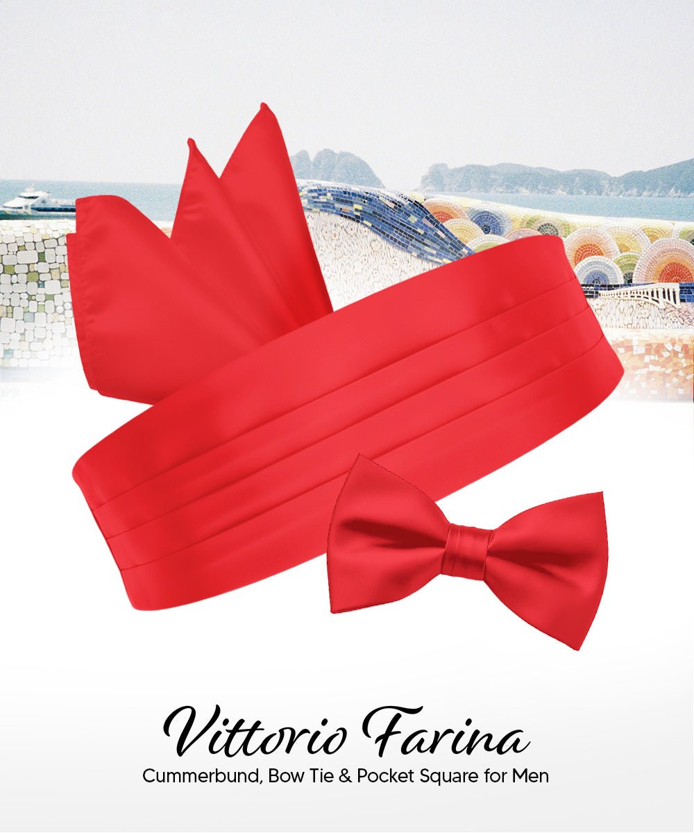 Vittorio Farina Men's Satin Cummerbund, Bow Tie and Pocket Square Set in Gift Box - Suits You Sir - Red - 