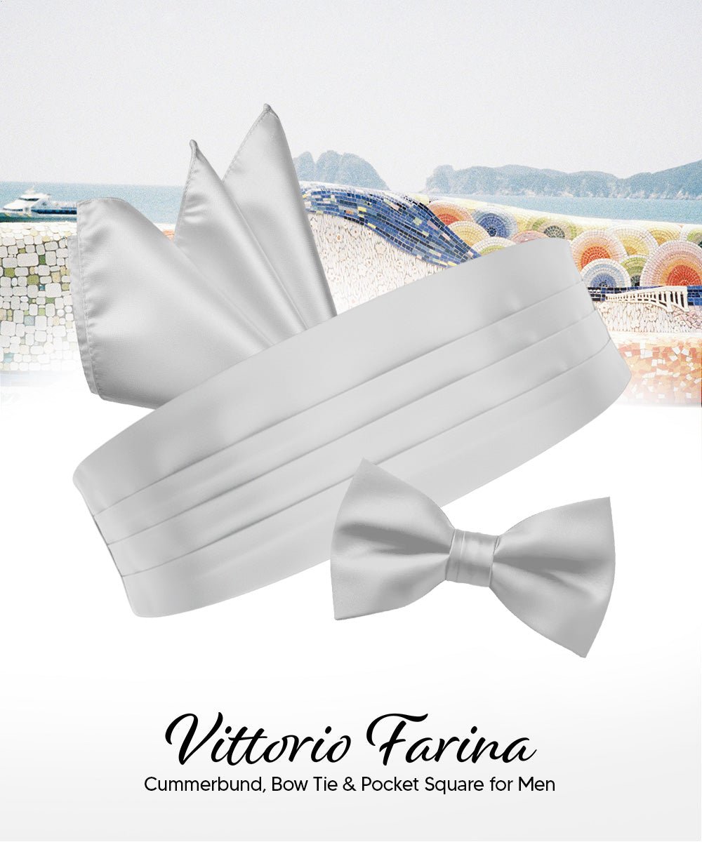 Vittorio Farina Men's Satin Cummerbund, Bow Tie and Pocket Square Set in Gift Box - Suits You Sir - Silver - 