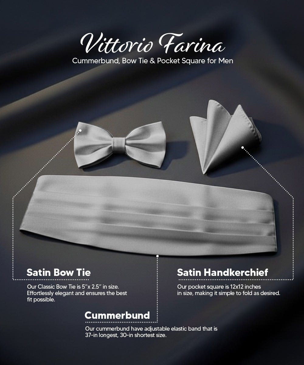 Vittorio Farina Men's Satin Cummerbund, Bow Tie and Pocket Square Set in Gift Box - Suits You Sir - Silver - 
