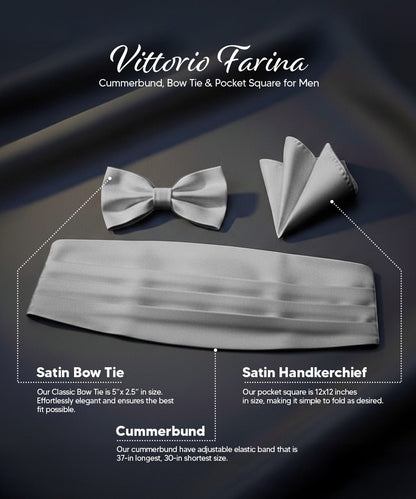 Vittorio Farina Men's Satin Cummerbund, Bow Tie and Pocket Square Set in Gift Box - Suits You Sir - Silver - 