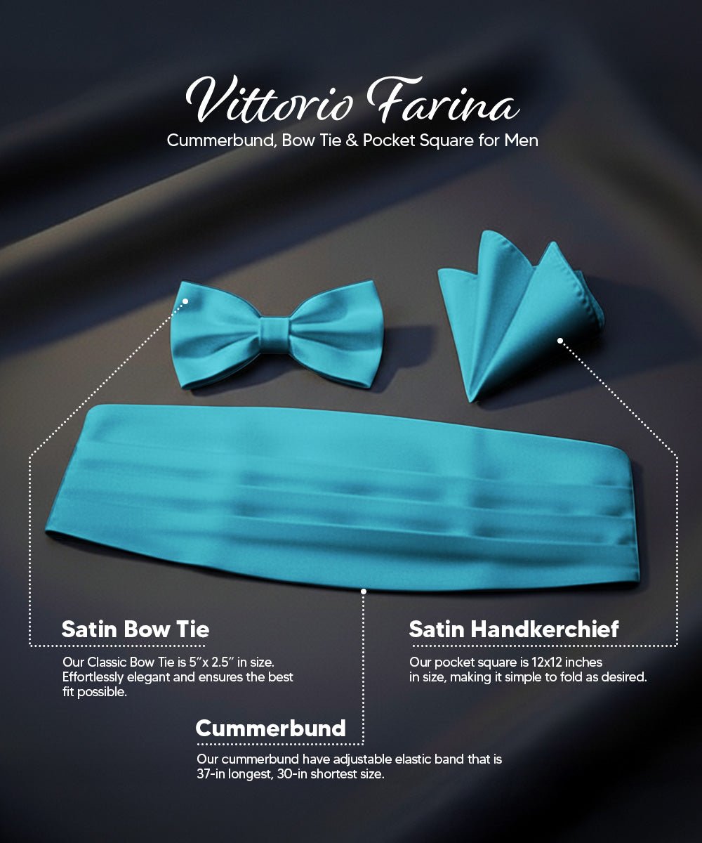 Vittorio Farina Men's Satin Cummerbund, Bow Tie and Pocket Square Set in Gift Box - Suits You Sir - Turquoise - 