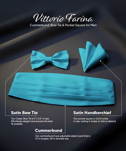 Vittorio Farina Men's Satin Cummerbund, Bow Tie and Pocket Square Set in Gift Box - Suits You Sir - Turquoise - 