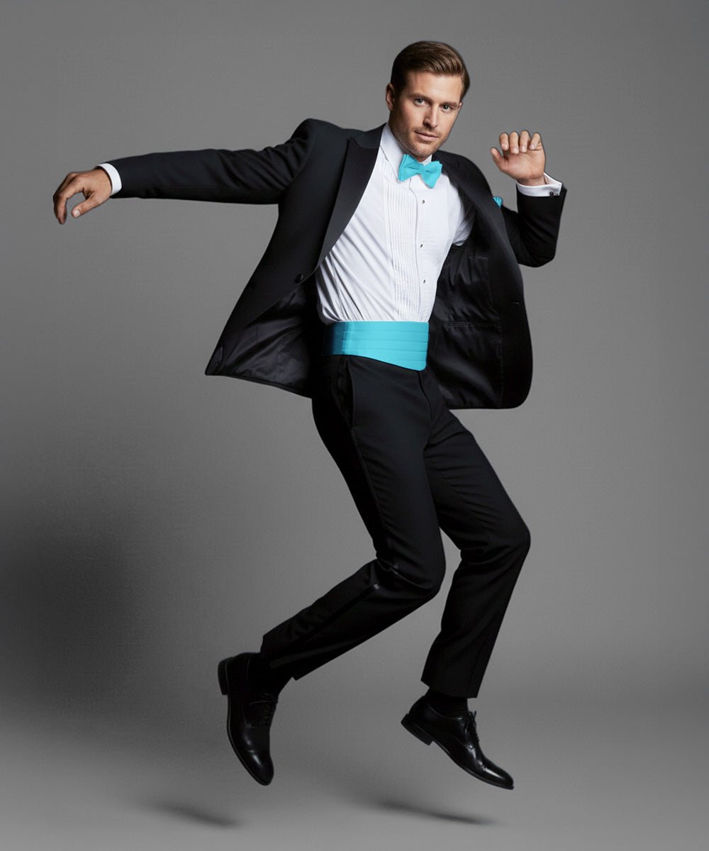 Vittorio Farina Men's Satin Cummerbund, Bow Tie and Pocket Square Set in Gift Box - Suits You Sir - Turquoise - 