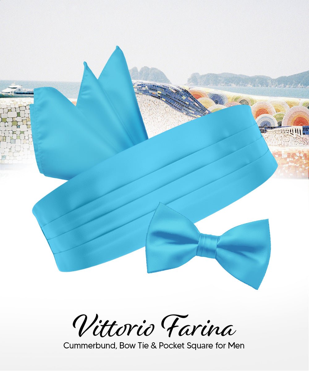 Vittorio Farina Men's Satin Cummerbund, Bow Tie and Pocket Square Set in Gift Box - Suits You Sir - Turquoise - 