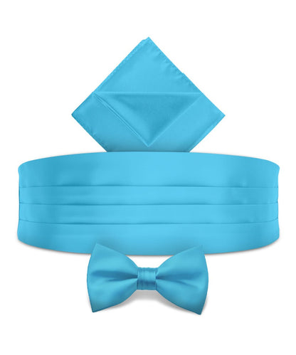 Vittorio Farina Men's Satin Cummerbund, Bow Tie and Pocket Square Set in Gift Box - Suits You Sir - Turquoise - 