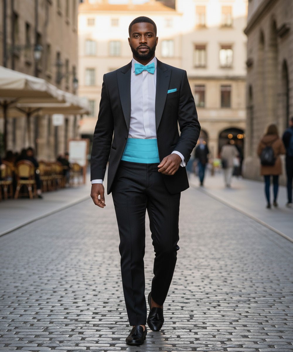 Vittorio Farina Men's Satin Cummerbund, Bow Tie and Pocket Square Set in Gift Box - Suits You Sir - Turquoise - 