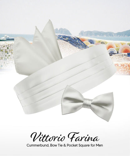 Vittorio Farina Men's Satin Cummerbund, Bow Tie and Pocket Square Set in Gift Box - Suits You Sir - White - 