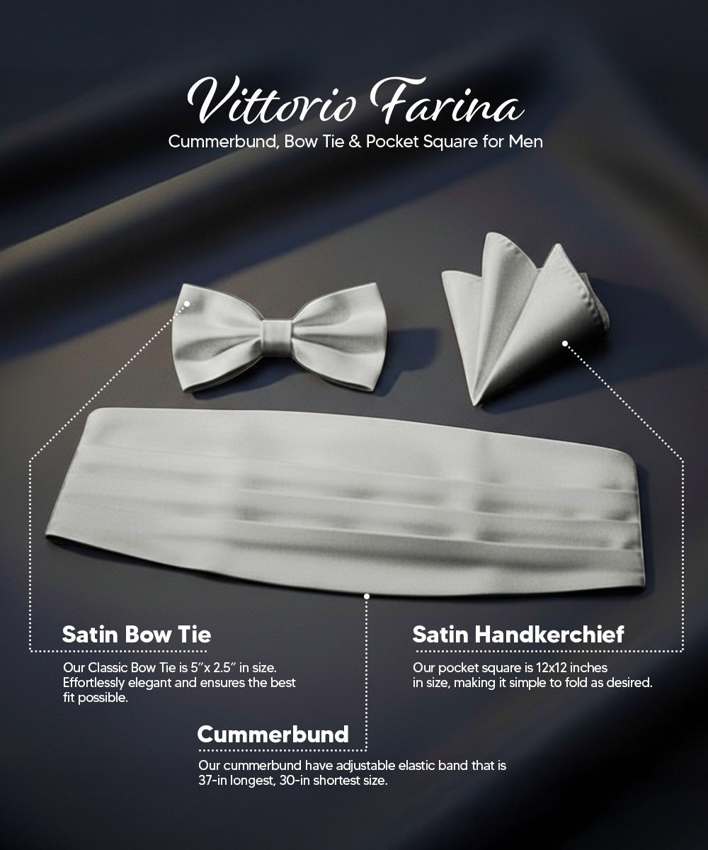 Vittorio Farina Men's Satin Cummerbund, Bow Tie and Pocket Square Set in Gift Box - Suits You Sir - White - 