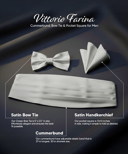 Vittorio Farina Men's Satin Cummerbund, Bow Tie and Pocket Square Set in Gift Box - Suits You Sir - White - 
