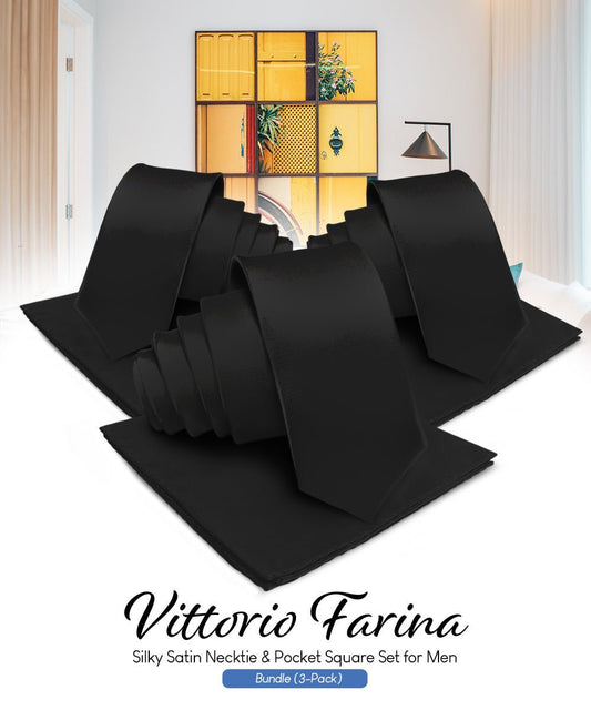 Vittorio Farina Men's Satin Necktie & Pocket Square (Multipack) - Suits You Sir - Black - 