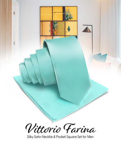 Vittorio Farina Men's Satin Necktie & Pocket Square - Suits You Sir - Aqua - 