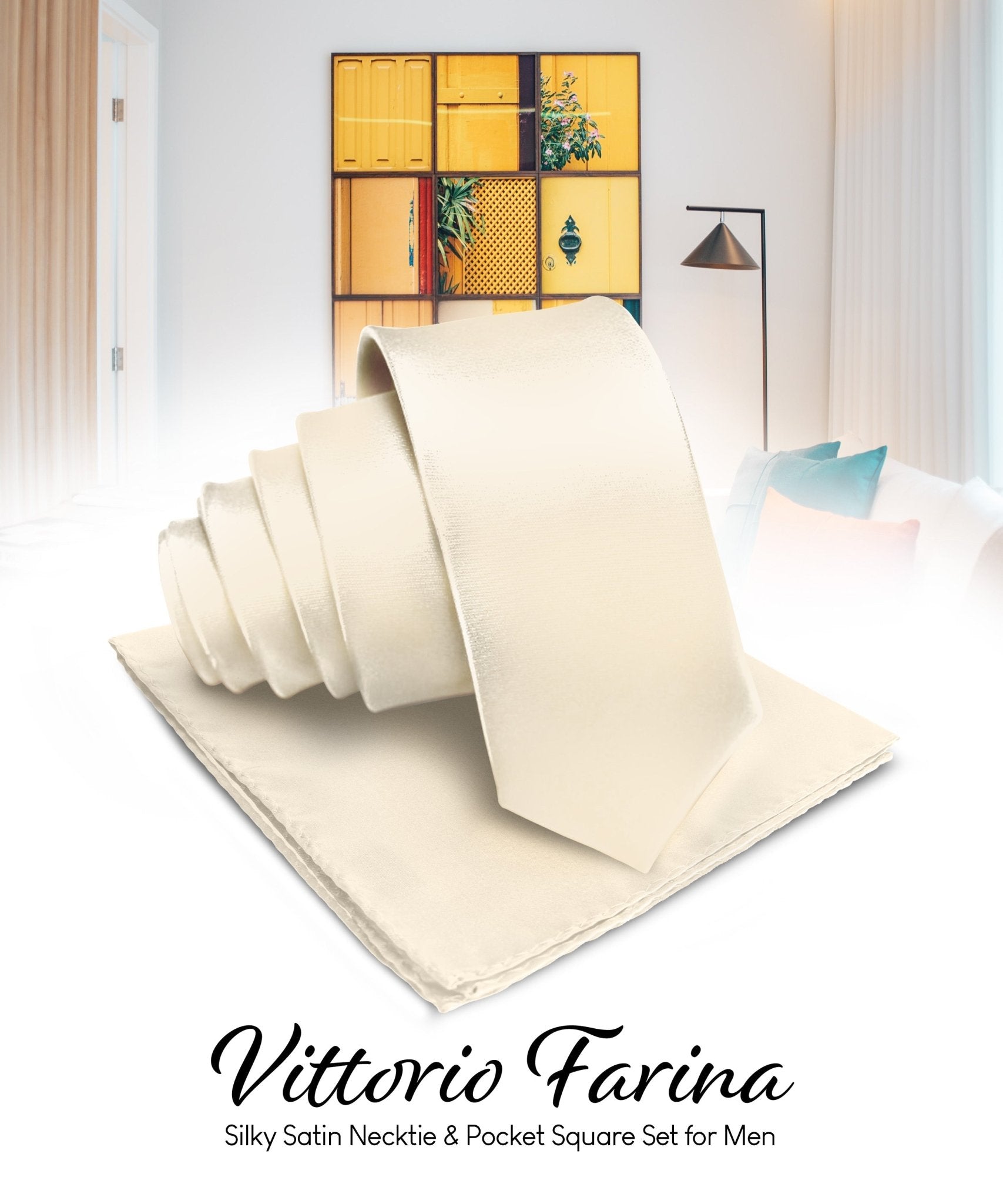 Vittorio Farina Men's Satin Necktie & Pocket Square - Suits You Sir - Beige - 