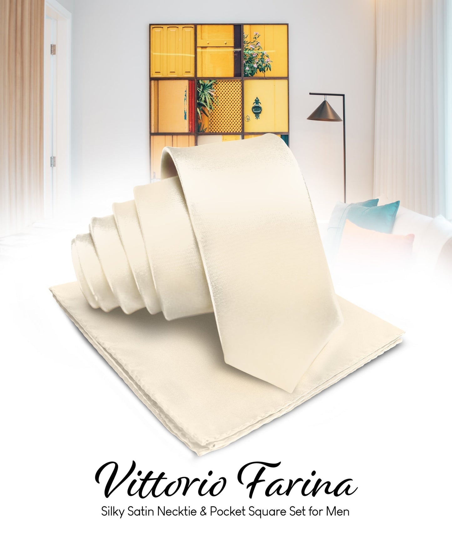 Vittorio Farina Men's Satin Necktie & Pocket Square - Suits You Sir - Beige - 