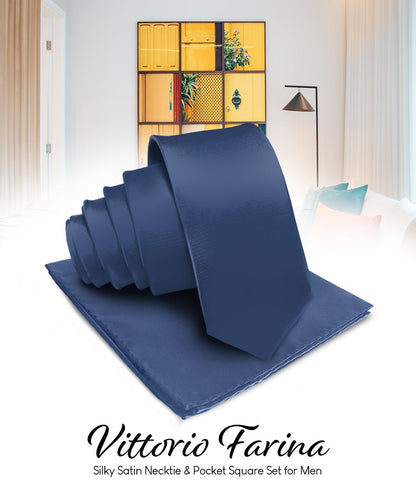 Vittorio Farina Men's Satin Necktie & Pocket Square - Suits You Sir - French Blue - 