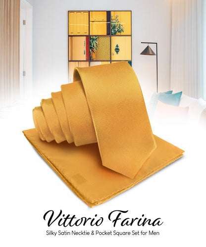 Vittorio Farina Men's Satin Necktie & Pocket Square - Suits You Sir - Gold - 