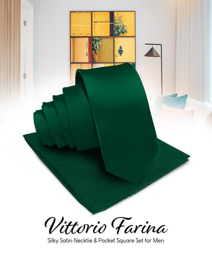 Vittorio Farina Men's Satin Necktie & Pocket Square - Suits You Sir - Hunter Green - 