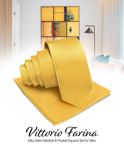 Vittorio Farina Men's Satin Necktie & Pocket Square - Suits You Sir - Mustard Yellow - 