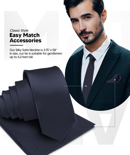 Vittorio Farina Men's Satin Necktie & Pocket Square - Suits You Sir - Navy Blue - 