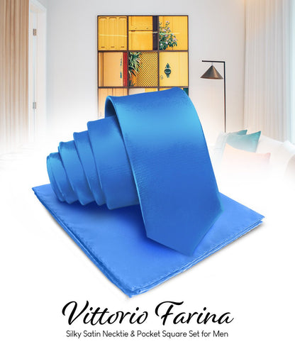 Vittorio Farina Men's Satin Necktie & Pocket Square - Suits You Sir - Royal Blue - 