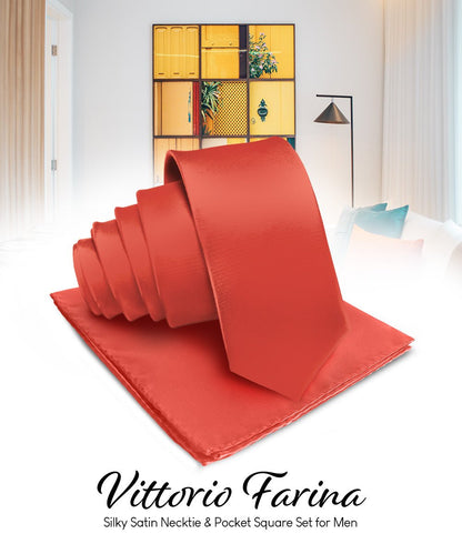 Vittorio Farina Men's Satin Necktie & Pocket Square - Suits You Sir - Rust Red - 